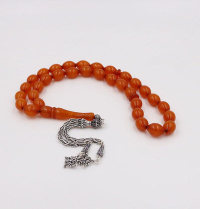 Luxury Islamic Tesbih Real Amber & Sterling Silver with 33 Count Large Orange Oval Beads