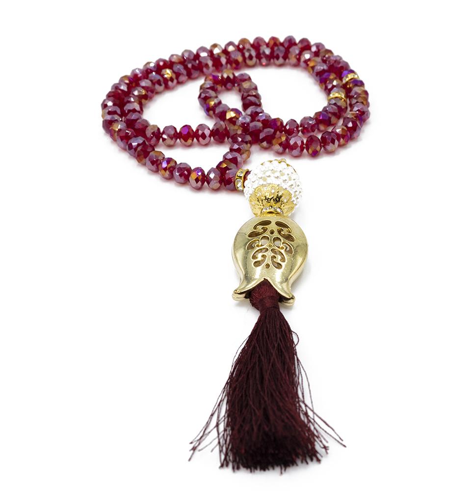 Modefa Tesbih Maroon Islamic Tesbih Acrylic Crystal Cut Prayer Beads with Tulip Tassel 99 Count - Maroon