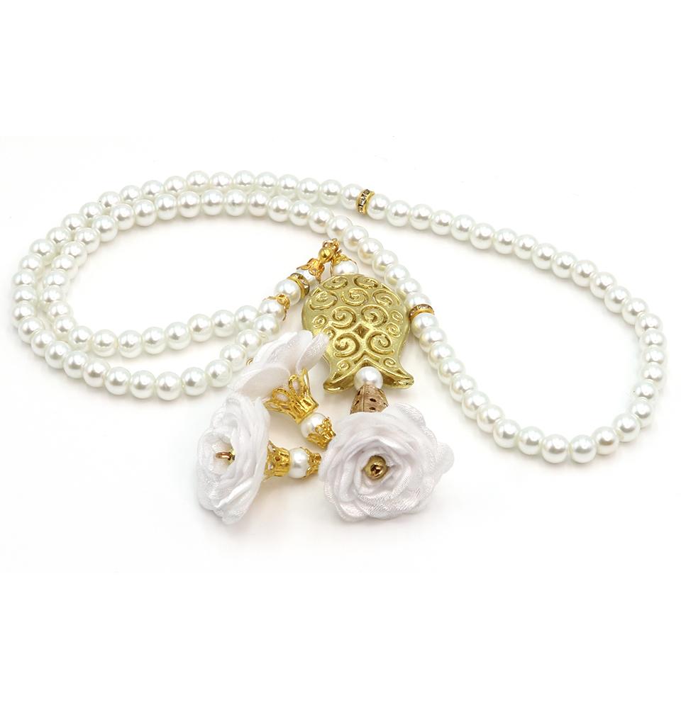 Modefa Tesbih Metallic White Islamic Tesbih Acrylic Pearl 99 Count Prayer Beads with Rose & Tulip Tassel - Metallic White