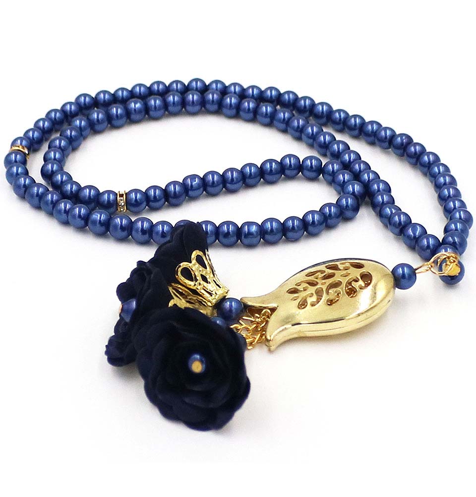 Islamic Tesbih Acrylic Pearl 99 Count Prayer Beads with Rose & Tulip Tassel - Midnight Blue