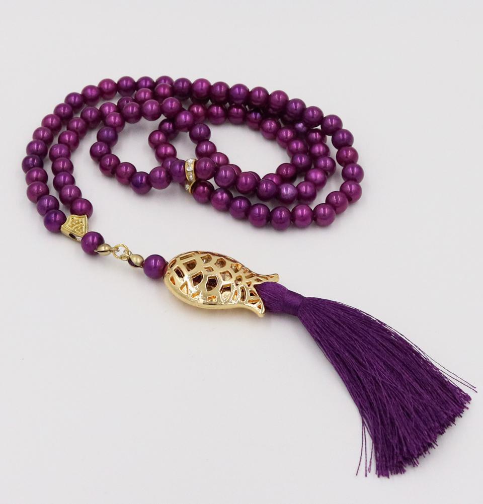 Islamic Tesbih Acrylic Pearl Prayer Beads with Tulip Tassel 99 Count Plum