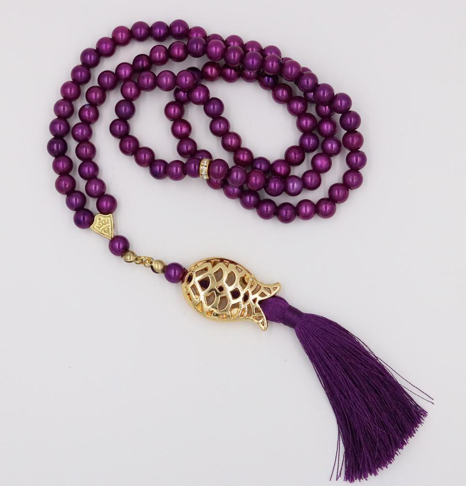 Islamic Tesbih Acrylic Pearl Prayer Beads with Tulip Tassel 99 Count Plum