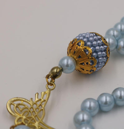 Islamic Tesbih Acrylic Pearl Prayer Beads with Tughra Tassel 99 Count Powder Blue