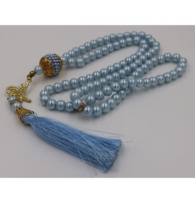 Islamic Tesbih Acrylic Pearl Prayer Beads with Tughra Tassel 99 Count Powder Blue