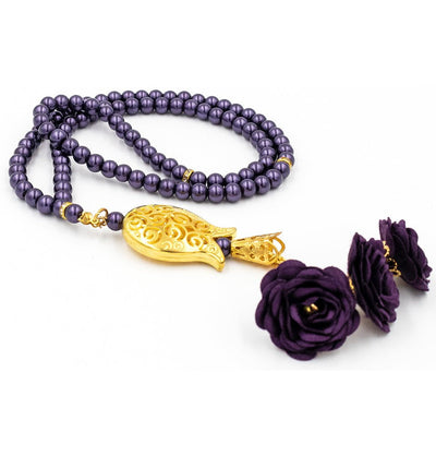Modefa Tesbih Purple Islamic Tesbih Acrylic Pearl 99 Count Prayer Beads with Rose & Tulip Tassel - Purple