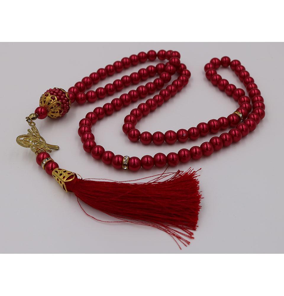 Islamic Tesbih Acrylic Pearl Prayer Beads with Tughra Tassel 99 Count Red