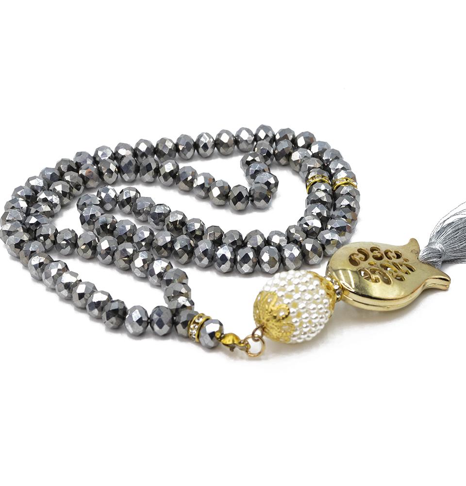 Modefa Tesbih Silver Islamic Tesbih Acrylic Crystal Cut Prayer Beads with Tulip Tassel 99 Count - Silver
