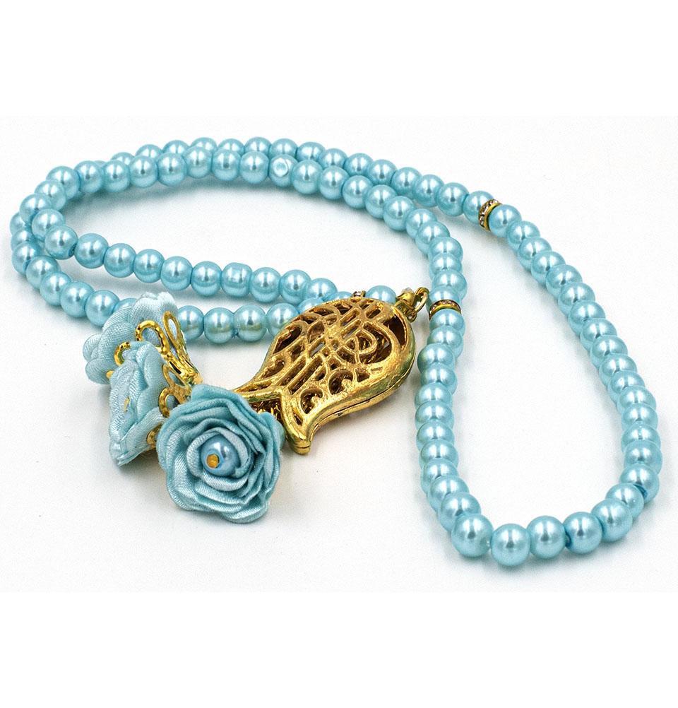 Modefa Tesbih Turquoise Islamic Tesbih Acrylic Pearl 99 Count Prayer Beads with Rose & Tulip Tassel - Turquoise