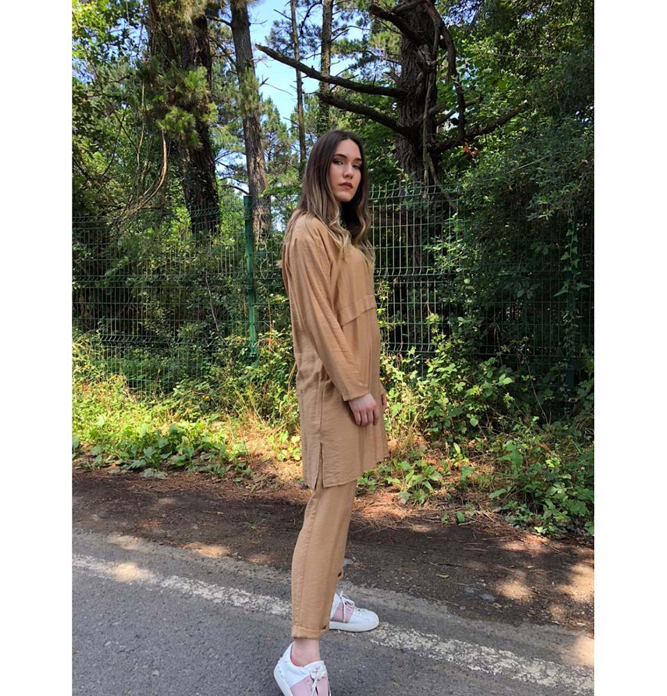 Modefa Tunic Modest Hooded Tunic & Pant Set E299 Beige