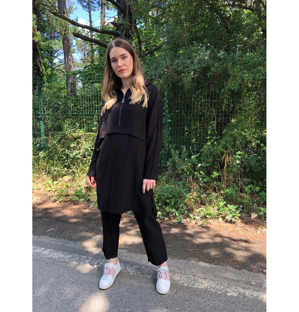 Modefa Tunic Modest Hooded Tunic & Pant Set E299 Black