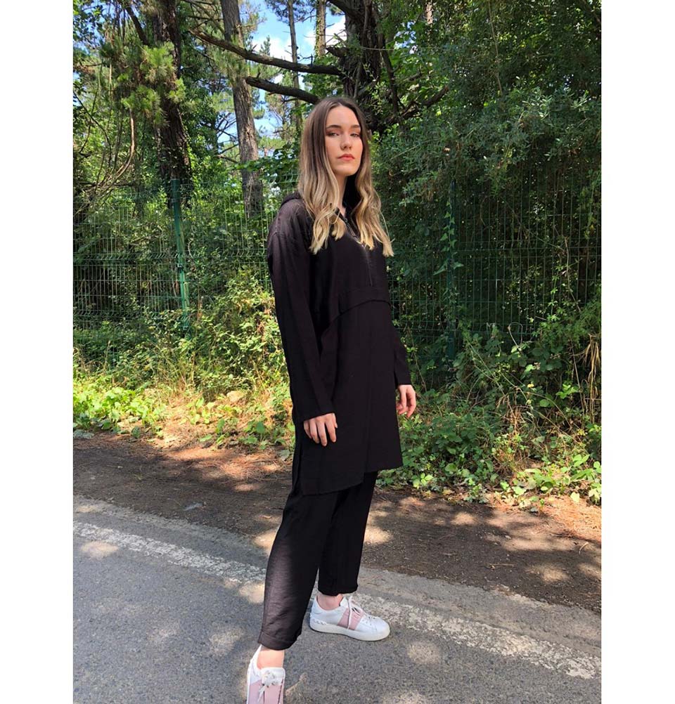 Modefa Tunic Modest Hooded Tunic & Pant Set E299 Black