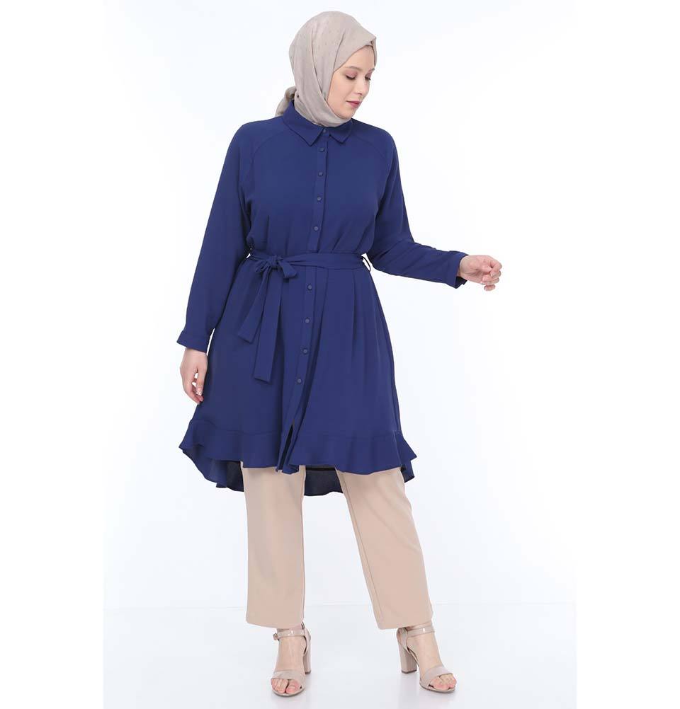 Modefa Tunic Modest Plus Size Button Up Tunic - Blue