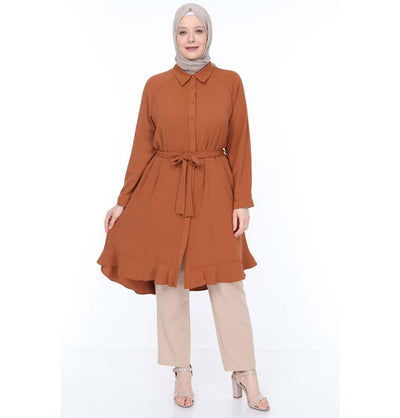 Modefa Tunic Modest Plus Size Button Up Tunic - Burnt Orange