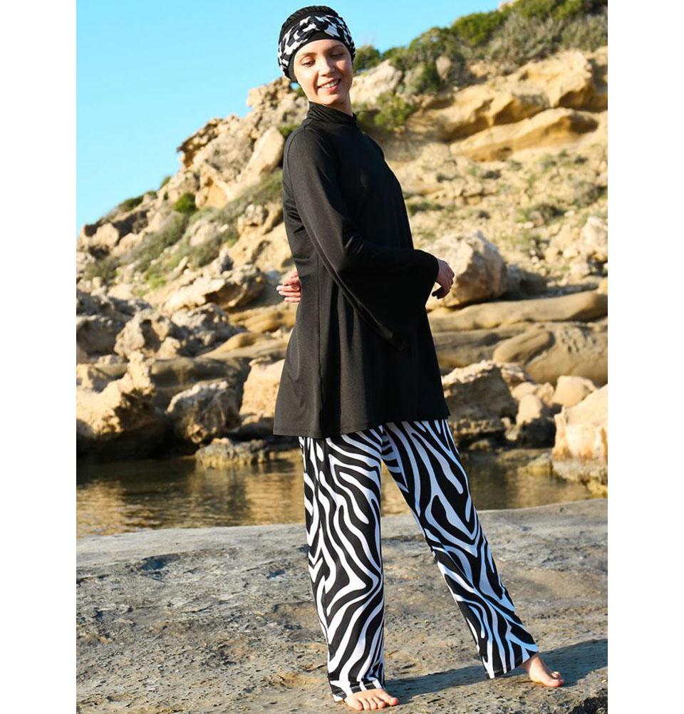 Modefa Two Piece Full Coverage Modest Swimsuit - Black/White