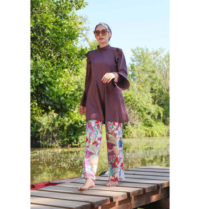 Modefa Two Piece Full Coverage Modest Swimsuit - Floral Brown