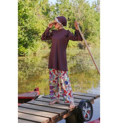 Modefa Two Piece Full Coverage Modest Swimsuit - Floral Brown