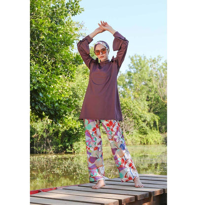 Modefa Two Piece Full Coverage Modest Swimsuit - Floral Brown