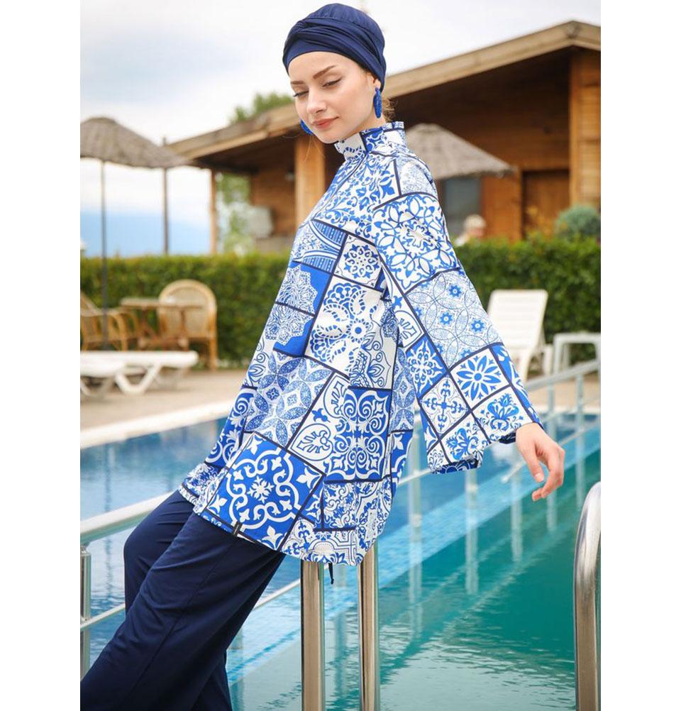 Modefa Two Piece Full Coverage Modest Swimsuit - Geometric Blue