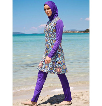 Modefa Two Piece Full Coverage Modest Swimsuit - Geometric Purple