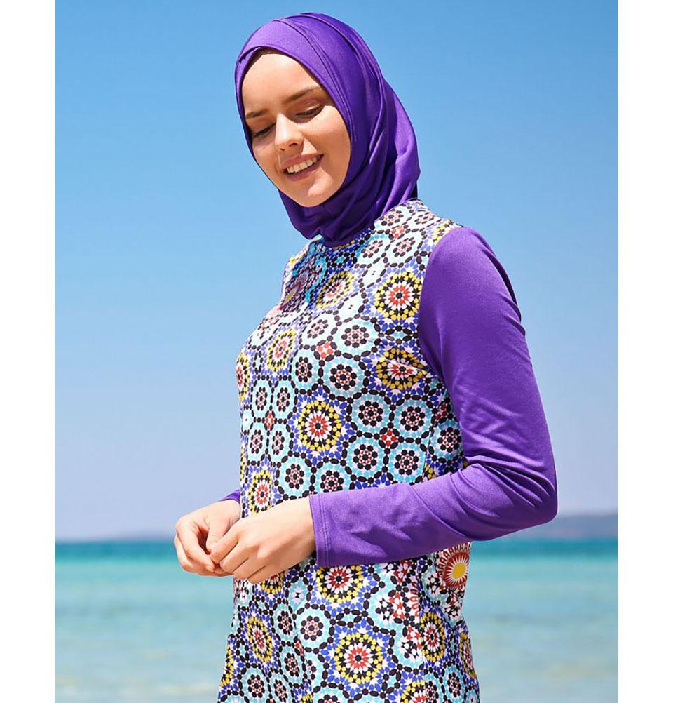 Modefa Two Piece Full Coverage Modest Swimsuit - Geometric Purple