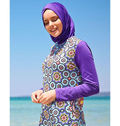 Modefa Two Piece Full Coverage Modest Swimsuit - Geometric Purple