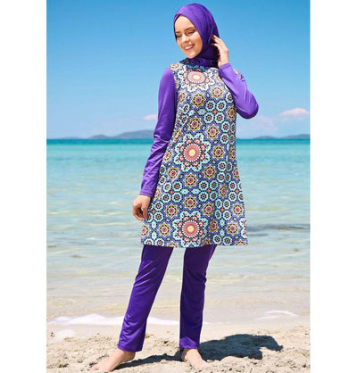 Modefa Two Piece Full Coverage Modest Swimsuit - Geometric Purple