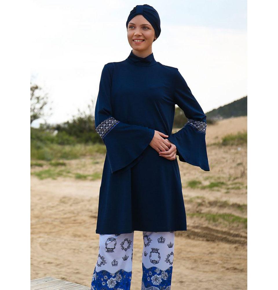 Modefa Two Piece Full Coverage Modest Swimsuit - Navy Blue