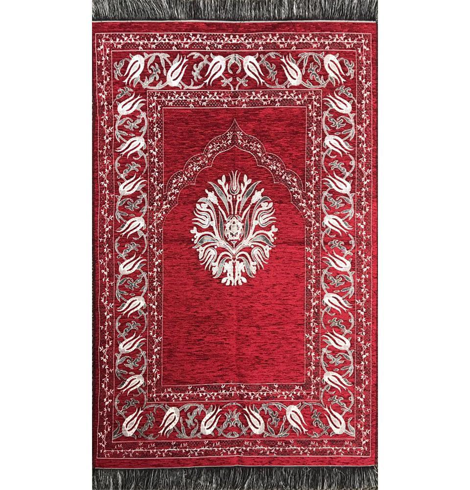 Chenille Tulip Islamic Prayer Mat - Red