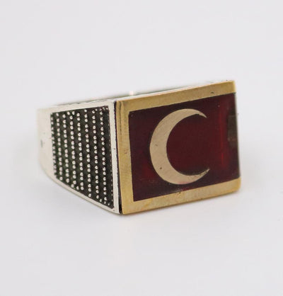 Men's Silver Ring Ottoman Red Enamel Crescent Moon & Star 5223
