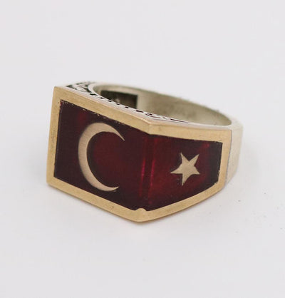 Men's Silver Ring Ottoman Red Enamel Crescent Moon & Star 5223