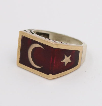 Men's Silver Ring Ottoman Red Enamel Crescent Moon & Star 5223