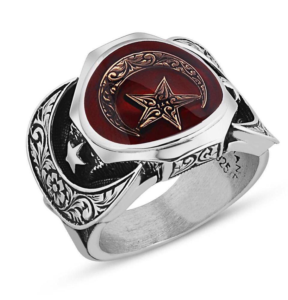 Men's Silver Ottoman Crescent Moon Red Enamel Moon & Star 208