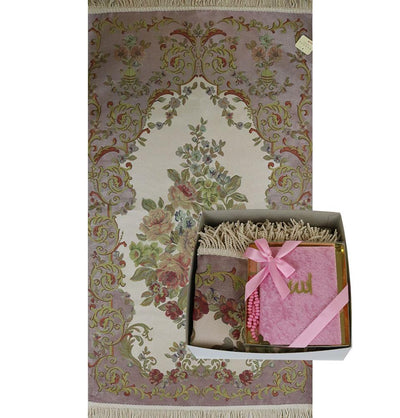 Luxury Thin Embroidered Floral Lavanta Prayer Mat Gift Box - Pink