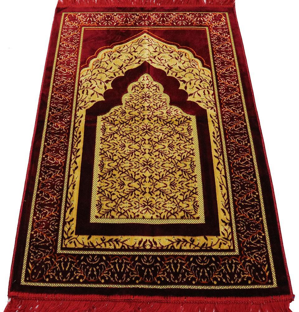 Velvet Vined Arch Islamic Prayer Rug - Red