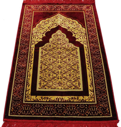 Velvet Vined Arch Islamic Prayer Rug - Red
