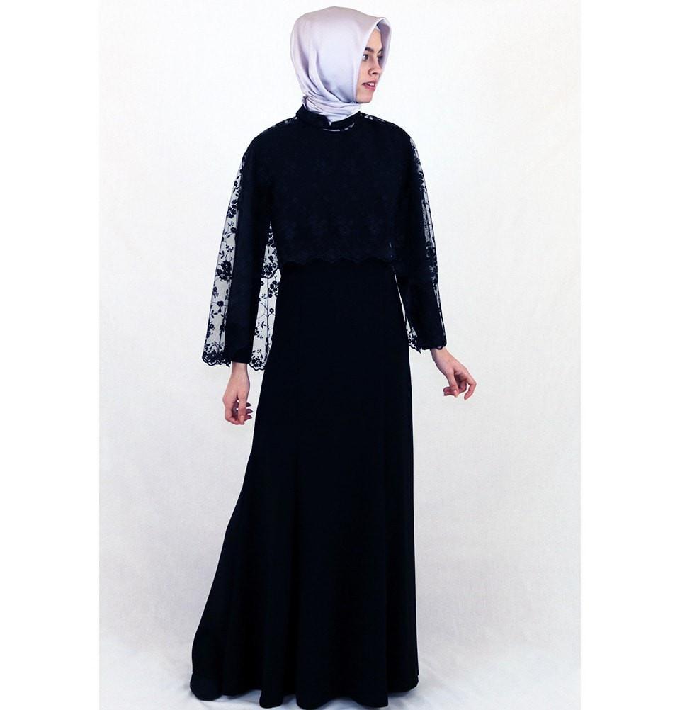 Puane Dress Puane Formal Dress with Lace Cape 4786 Black - Modefa 
