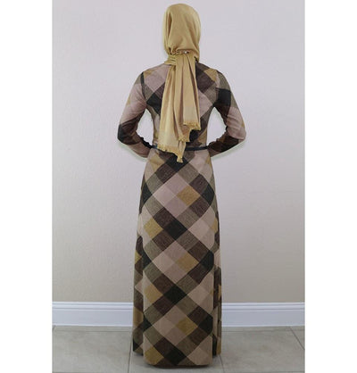 Puane Dress Puane Islamic Women's Turkish Long Corduroy Colorblock Dress 481401 Brown - Modefa 
