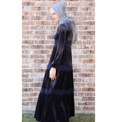 Puane Dress Puane Modest Velvet Dress 8290 Blue - Modefa 