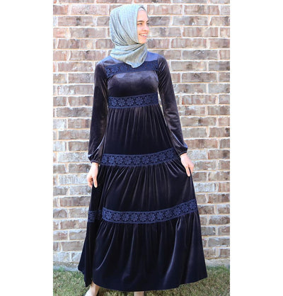 Puane Dress Puane Modest Velvet Dress 8290 Blue - Modefa 