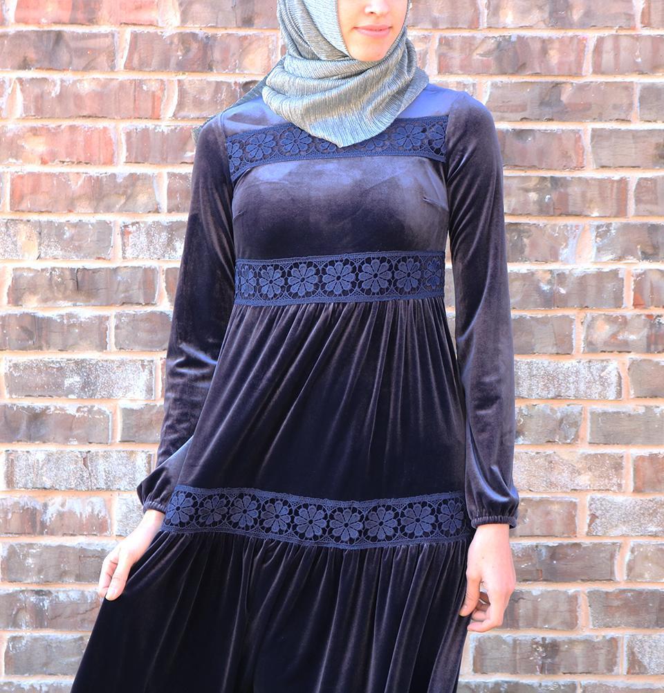 Puane Dress Puane Modest Velvet Dress 8290 Blue - Modefa 