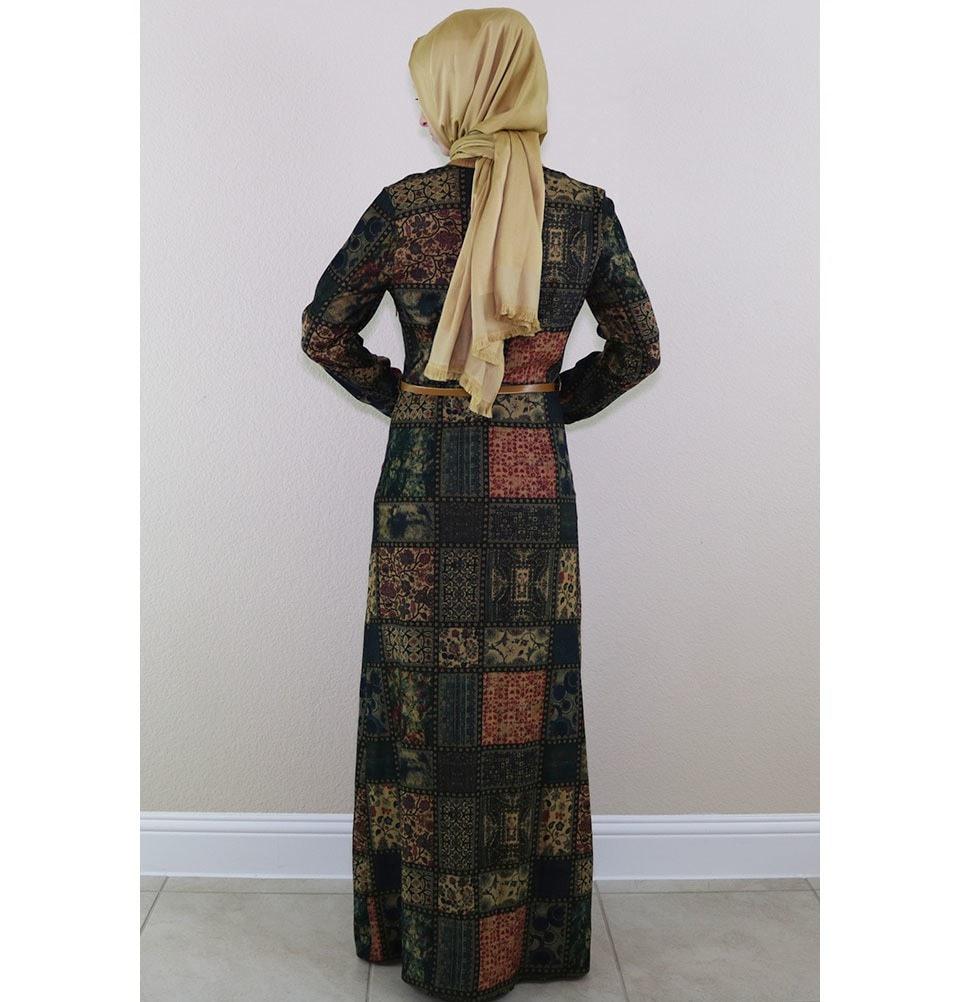 Puane Islamic Women's Turkish Long Corduroy Patchwork Dress 481702 Blue/  Green
