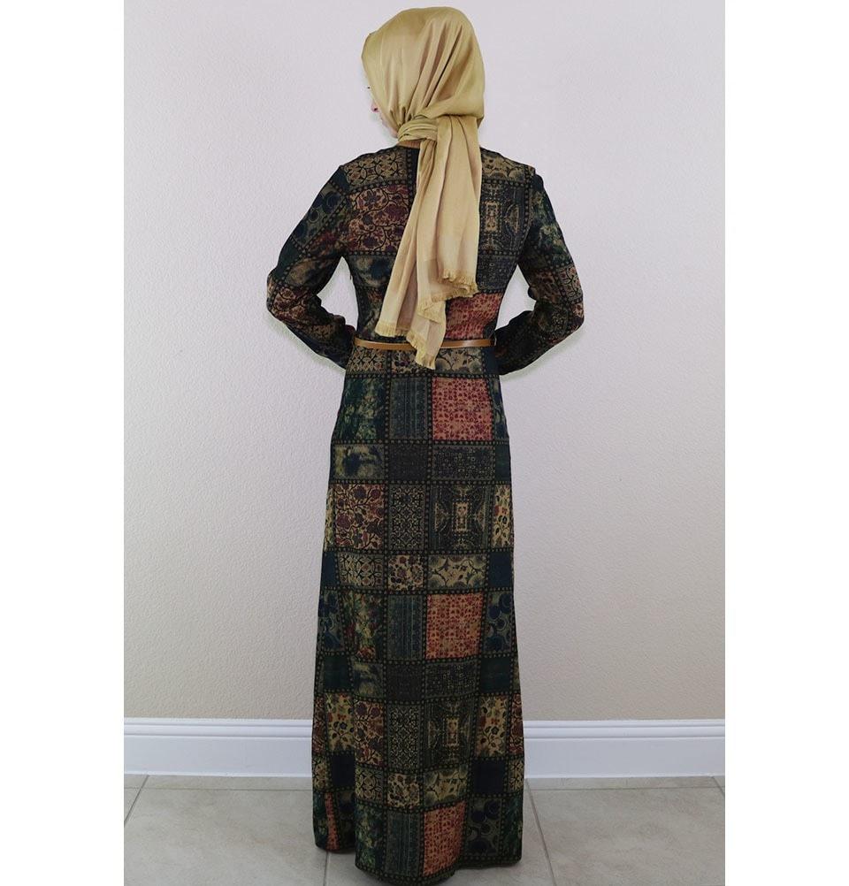 Puane Dress Puane Islamic Women's Turkish Long Corduroy Patchwork Dress 481702 Blue/ Green - Modefa 
