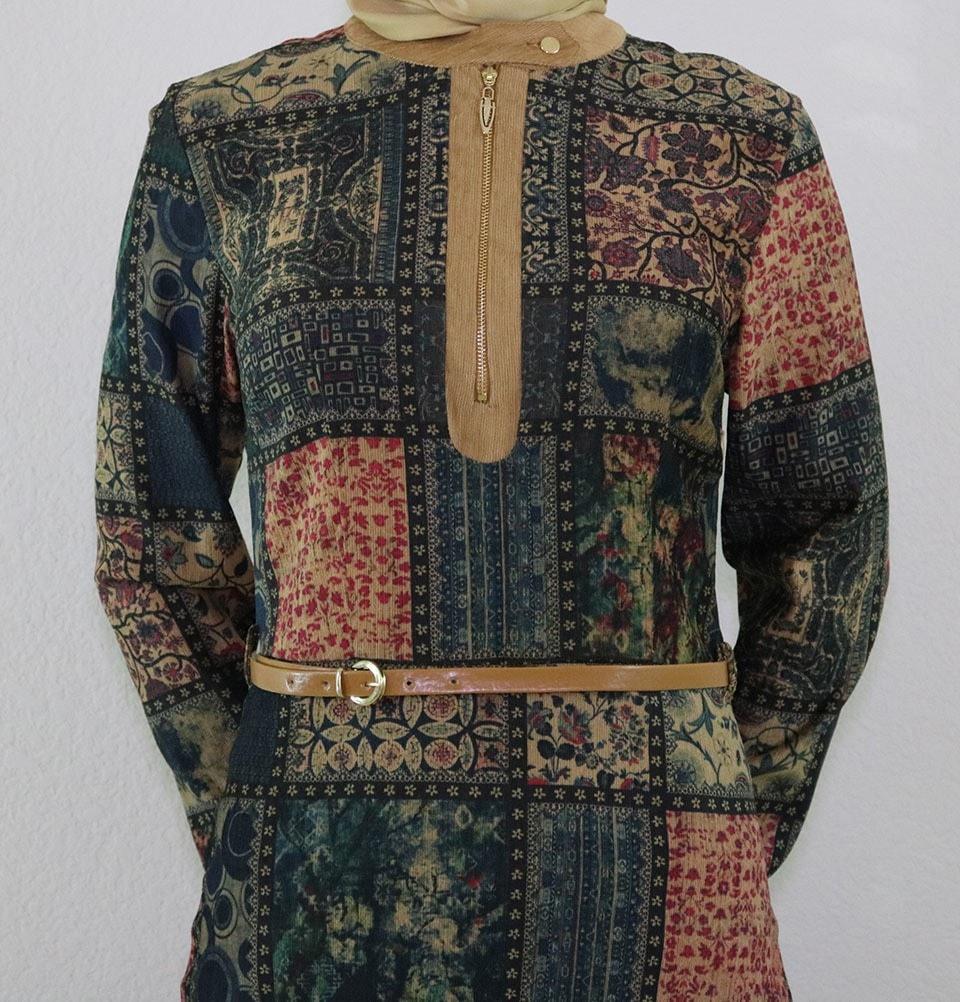 Puane Dress Puane Islamic Women's Turkish Long Corduroy Patchwork Dress 481702 Blue/ Green - Modefa 