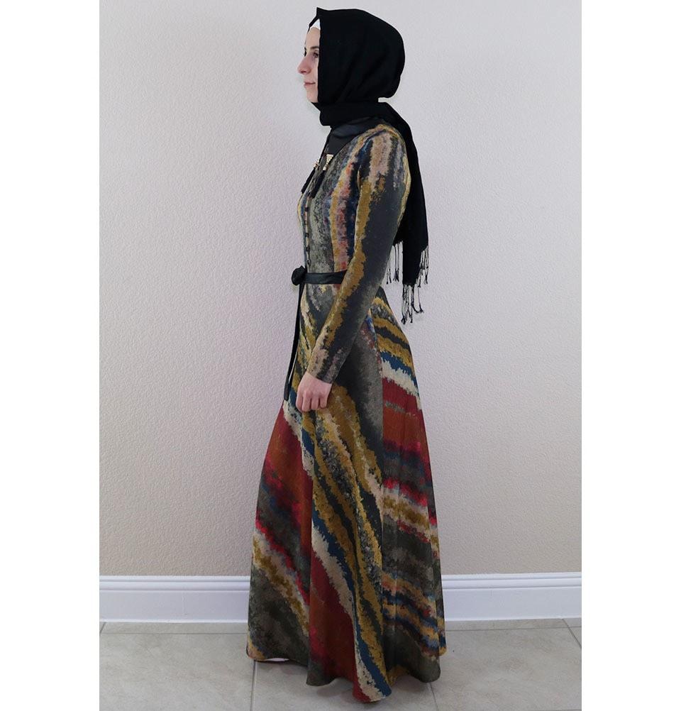 Puane Dress Puane Islamic Women's Turkish Long Corduroy Tie Dye Dress 482645 Multicolored - Modefa 