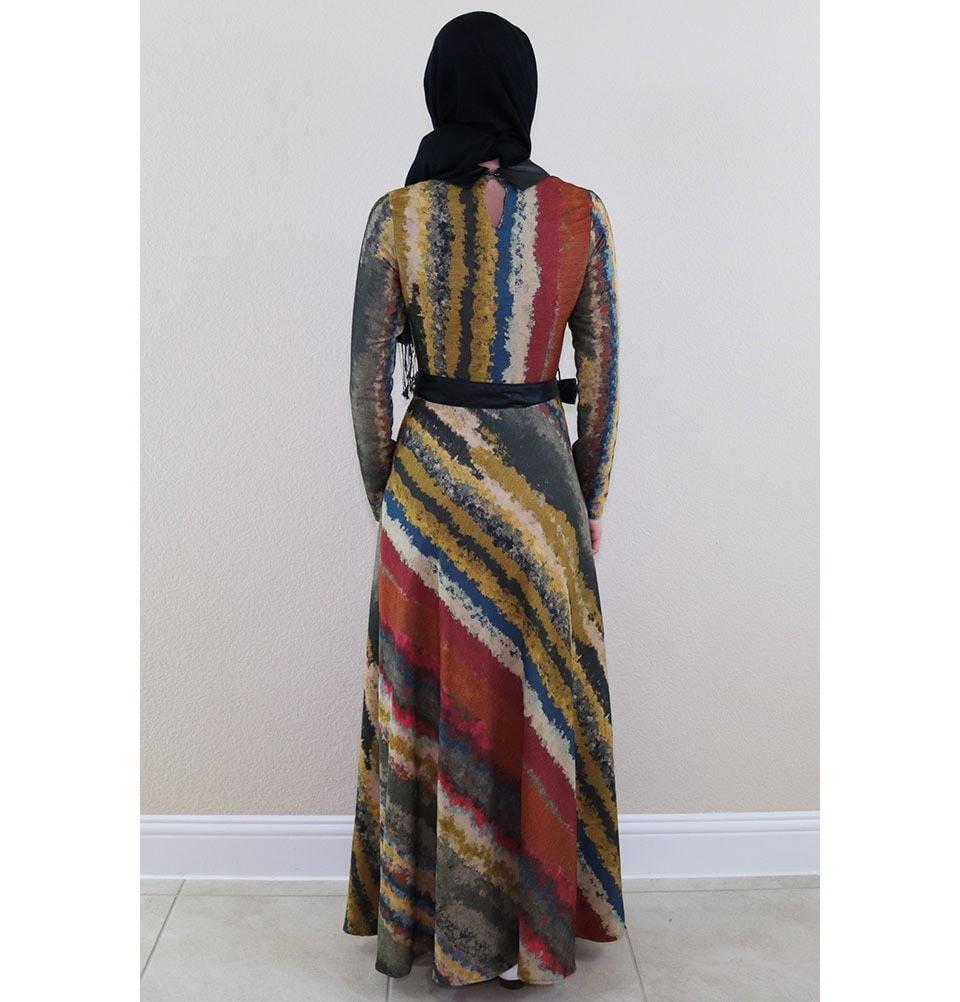 Puane Islamic Women's Turkish Long Corduroy Tie Dye Dress 482645  Multicolored