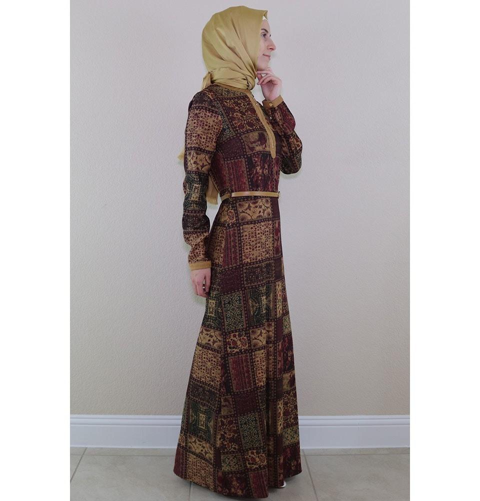islamic long dress turkey Puane Women's Turkish Corduroy Patchwork 481701 Burgundy cap toe oxford Stylish Floral Dresses for Size:38 WAIST Suitable for all seasons