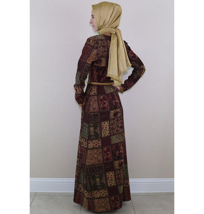 Puane Dress Puane Islamic Women's Turkish Long Corduroy Patchwork Dress 481701 Burgundy - Modefa 