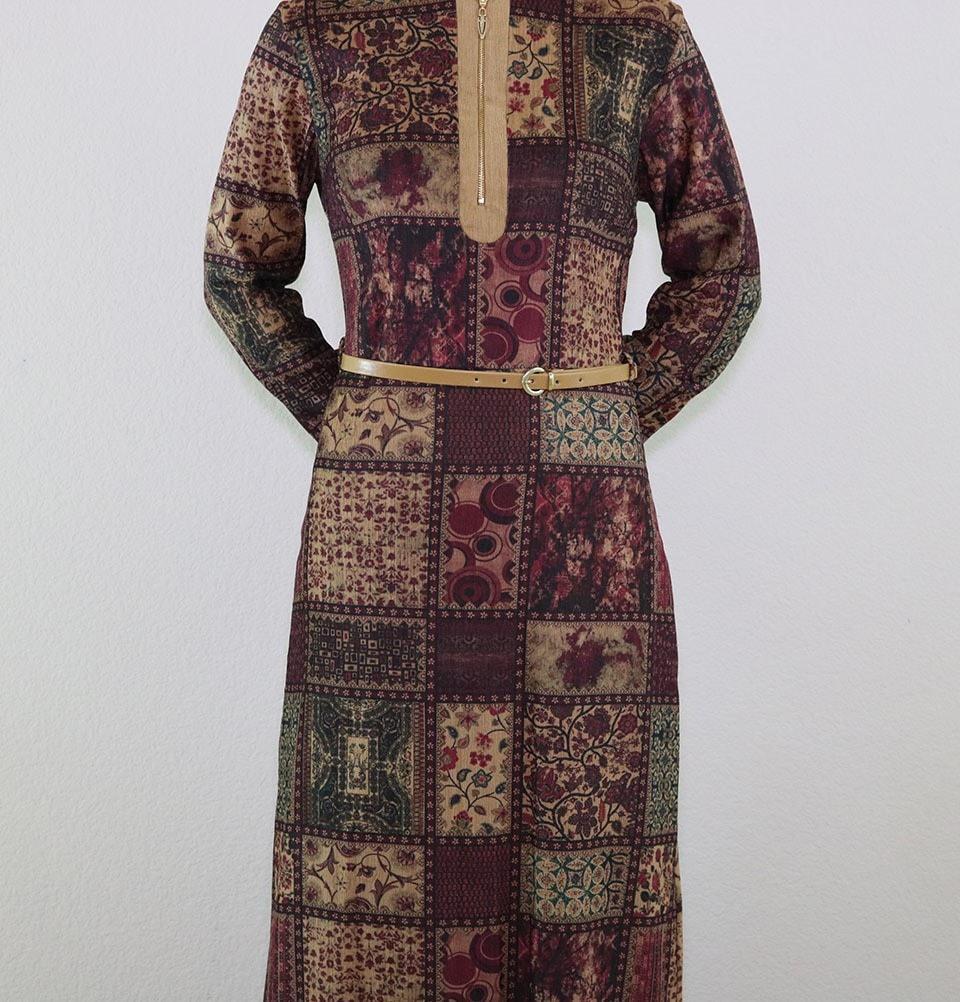 Puane Islamic Women's Turkish Long Corduroy Patchwork Dress 481701 Burgundy