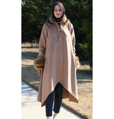 Puane Outerwear Puane Suede Poncho Coat with Fur 3131 Beige - Modefa 