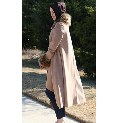 Puane Outerwear Puane Suede Poncho Coat with Fur 3131 Beige - Modefa 